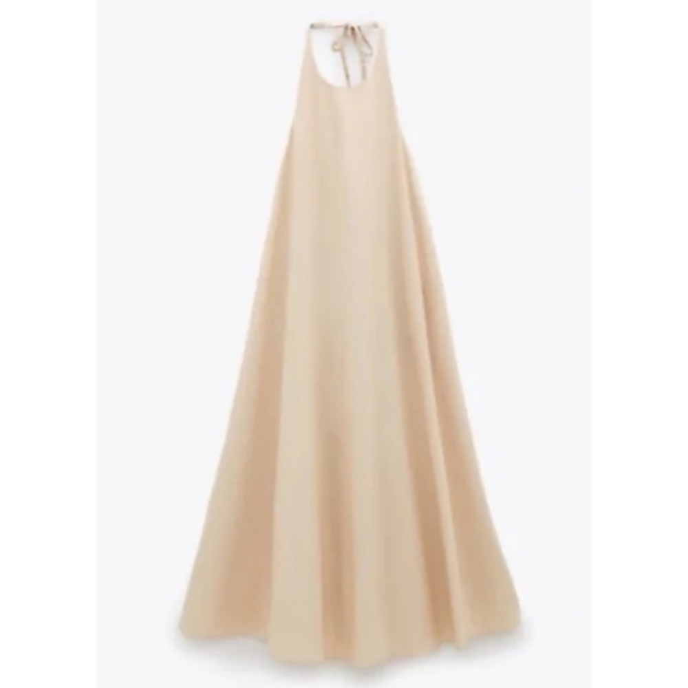 Zara Dress Size M Maxi Halter Dress Cotton- Cream Tan NWT - Picture 6 of 13